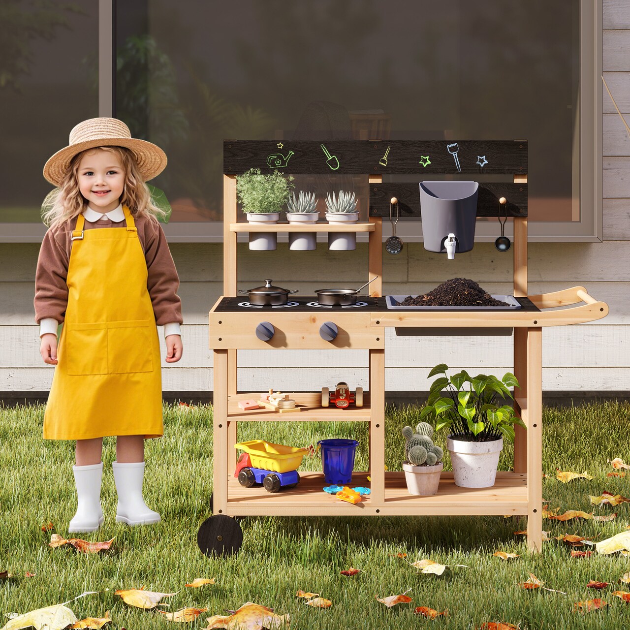 Outdoor Fir Wood Play Kitchen with Blackboard and Planting Pots